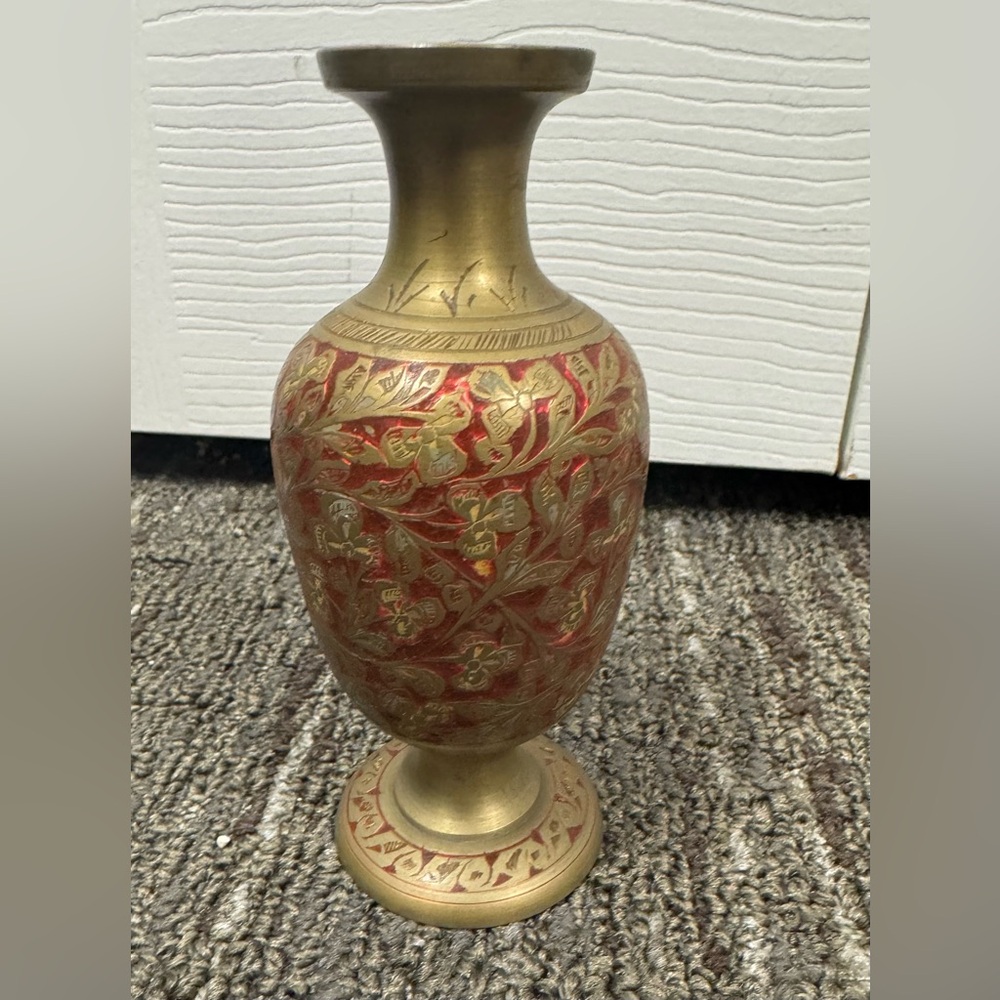Vintage Vase Enamel Solid Brass Etched  Engraved Hand Painted. Made in India.